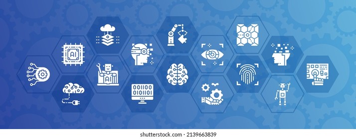 Artificial Intelligence promotion icons banner. Robotics, Chatbot, Database, Big Data vector illustration for business cover, banner, brochure design.