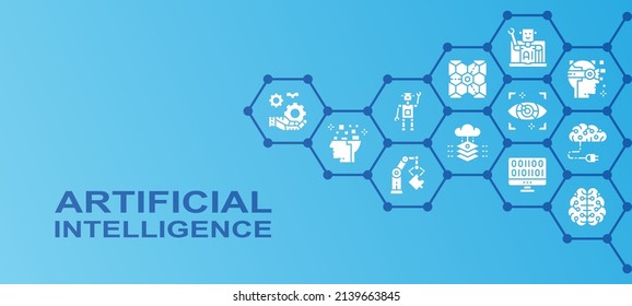 Werbebanner für künstliche Intelligenz. Robotik, Chatbot, Datenbank, Big Data Illustration. Webbanner-Layoutvorlage.