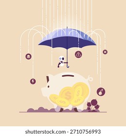 Artificial intelligence protects savings concept, robot holds an umbrella over a piggy bank in the rain, protection of savings and assets through technology and innovation, AI and finance, Security and modernity