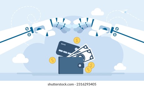 Artificial intelligence protects savings. Robot hands form a roof to protect money. Business income protection. Electronic financial saving insurance. Modern insurance technology. Vector illustration