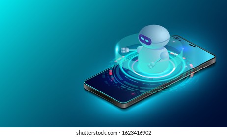 Artificial intelligence provide access to information and data in online networks via smartphone. AI in the form of  bot coming out of the screen phone and offers to use digital mind