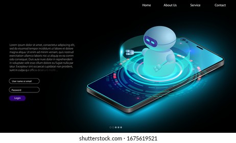 Artificial intelligence provide access to information and data in online networks via smartphone. AI in the form of  bot coming out of the screen phone and offers to use digital mind