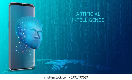 Artificial intelligence provide access to information and data in online networks smartphone. AI in the form of face cyborg coming out of the screen phone and offers to use digital mind.