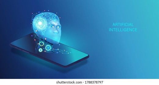 Artificial intelligence provide access to information and data in online networks smartphone. AI in the form of face man cyborg or bot coming out of the screen phone to use digital mind.