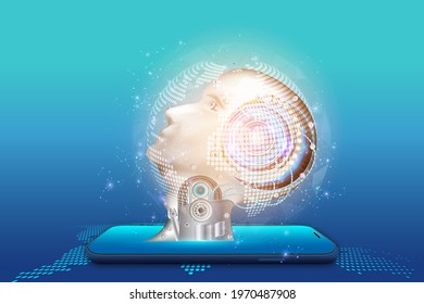 Artificial intelligence provide access to information and data in online smartphone or on mobile. AI in the form of face man cyborg or bot coming out of the screen phone. vector illustration.