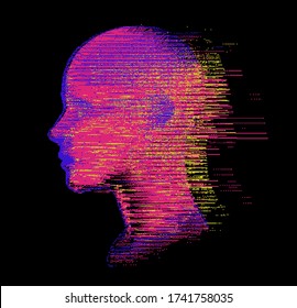 Artificial intelligence and Psychological profiling concept. Human head with glitched pixels, distorted profile of a woman made of square particles.