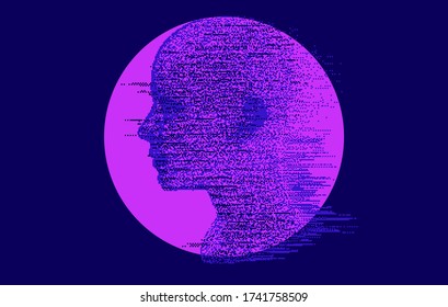 Artificial intelligence and Psychological profiling concept. Human head with glitched pixels, distorted profile of a woman made of square particles.
