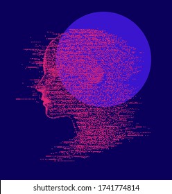 Artificial intelligence and Psychological profiling concept. Human head with glitched pixels, distorted profile of a woman made of square particles.