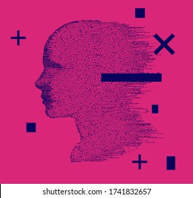 Artificial intelligence and Psychological profiling concept. Distorted profile of a woman made of particles. Vaporwave and cyberpunk style collage made in pixel art technique.