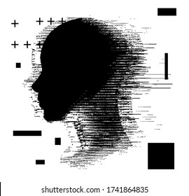 Artificial intelligence and Psychological profiling concept. Human head with glitched pixels, distorted profile of a woman made of square particles.