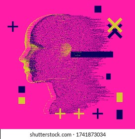 Artificial intelligence and Psychological profiling concept. Human head with glitched pixels, distorted profile of a woman made of square particles.