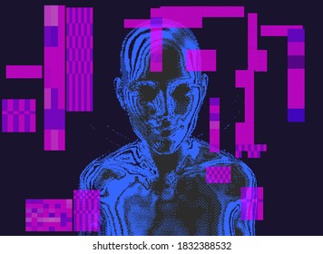 Artificial intelligence and Psychological profiling concept. Human head with glitched pixels, distorted profile of a woman made of square particles.