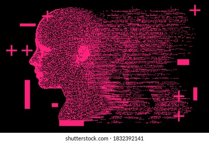 Artificial intelligence and Psychological profiling concept. Human head with glitched pixels, distorted profile of a woman made of square particles.