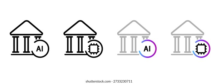 Artificial intelligence in public institution icon bank or government building with AI symbol for digital smart city governance automation