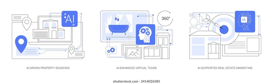 Artificial Intelligence in Real Estate abstract concept vector illustration set. AI-Driven Property Sourcing, AI-Enhanced Virtual Tours, AI-Supported Real Estate Marketing strategy abstract metaphor.