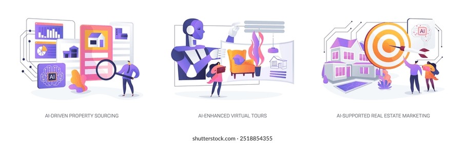 Inteligência Artificial em Imobiliária conceito abstrato vetor ilustração conjunto. AI-Driven Property Sourcing, AI-Enhanced Virtual Tours, AI-Supported estratégia de marketing imobiliário suportado metáfora abstrata.