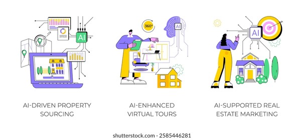 Artificial Intelligence in Real Estate abstract concept vector illustration set. AI-Driven Property Sourcing, AI-Enhanced Virtual Tours, AI-Supported Real Estate Marketing strategy abstract metaphor.