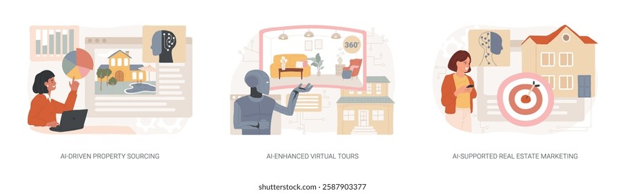 Artificial Intelligence in Real Estate abstract concept vector illustration set. AI-Driven Property Sourcing, AI-Enhanced Virtual Tours, AI-Supported Real Estate Marketing strategy abstract metaphor.