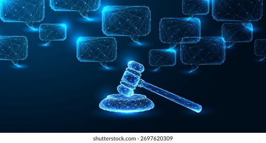 La regulación, la ley y la ética de la inteligencia artificial se visualizan con brillantes burbujas de martillo y chatbot. Concepto de Vector de tecnología legal, política y gobernanza digital en estilo poligonal futurista.