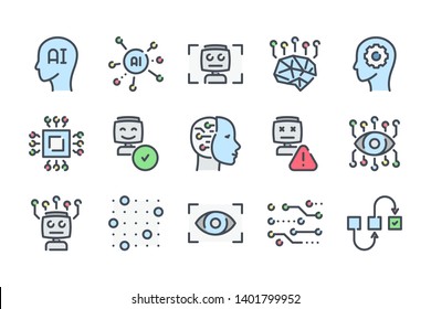 Artificial Intelligence related color line icon set. Technology and robot machine colorful linear icons. Algorithm and AI flat color outline vector signs and symbols collection.