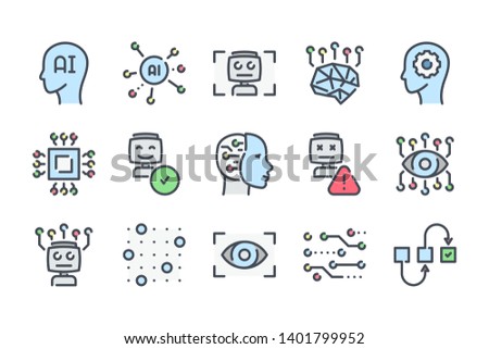 Artificial Intelligence related color line icon set. Technology and robot machine colorful linear icons. Algorithm and AI flat color outline vector signs and symbols collection.
