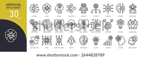 Artificial intelligence related icon collections. Containing robot, brain, neural, automation, chip, code, machine learning, face scan, smart, and algorithm icons. Outline icons.