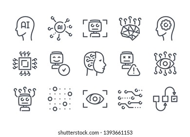 Artificial Intelligence related line icon set. Technology and robot machine linear icons. Algorithm and AI outline vector signs and symbols collection.