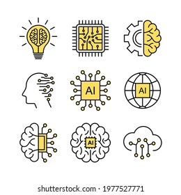 Artificial Intelligence related vector icons. Contains such as smart robotic, machine learning, and technology of cloud computing network.
