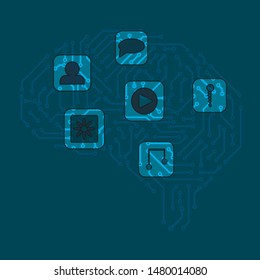Artificial Intelligence Related Vector Icons.Circuit Board With Encoder And Decoder Binary Code Vector. Blue Abstract Brain Security Technology Illustration