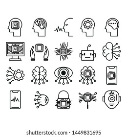 Artificial Intelligence Related Vector Line Icons. Contains such Icons as Face Recognition, Algorithm, Computer Process. Editable Stroke. Pixel Perfect stoke edit