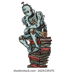 Artificial intelligence repeats the thinker. Training ai literature of humanity. Replacement of artificial labor and creativity of people. Pop Art Retro Vector Illustration Kitsch Vintage 50s 60s