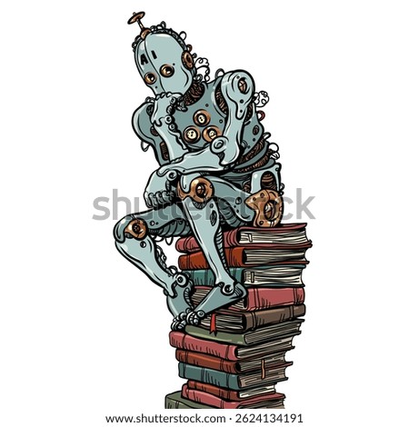 Artificial intelligence repeats the thinker. Training ai literature of humanity. Replacement of artificial labor and creativity of people. Pop Art Retro Vector Illustration Kitsch Vintage 50s 60s