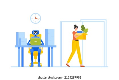 Artificial Intelligence Replace Human, Woman Lost Job Due To Robotics Technologies. Robot Sitting At Workplace Desk, Fired Woman Leave Office With Box. Unemployment. Cartoon People Vector Illustration