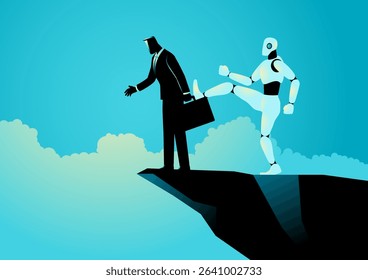 Artificial Intelligence Replacing Human Roles, symbolized by a robot kicking a businessman into a ravine.