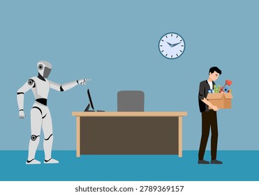 Artificial Intelligence is replacing humans. AI robot fires an employee. Unemployment, job loss due to technological progress, layoffs.