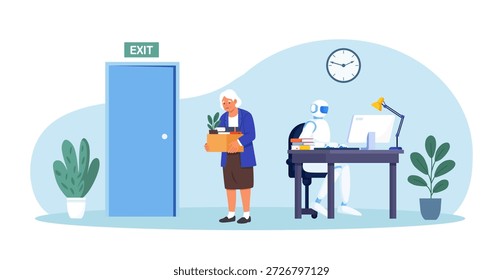 A Inteligência Artificial está substituindo o funcionário mais velho. Pensioner foi demitido pelo robô AI. Desemprego, perda de emprego devido ao progresso tecnológico, despedimentos. Discriminação em razão da idade