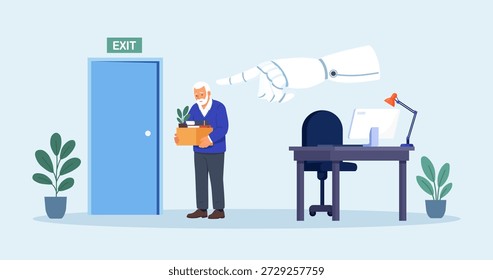 La Inteligencia Artificial está reemplazando a los empleados mayores. El jubilado fue despedido por un robot de IA. Desempleo, pérdida de empleo debido al progreso tecnológico, despidos. Discriminación por Edad
