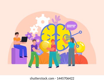 Artificial intelligence research, brainstorm, idea generation concept. Poster for social media, web page, banner, presentation. Flat design vector illustration