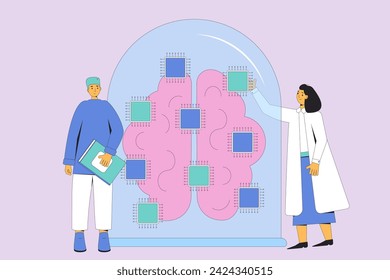 Artificial intelligence research. Engineer and developer experts learning neuron network and technology AGI brain. Computer science new solution for strong AI. Vector illustration