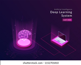 Artificial Intelligence responsive landing page design with isometric laptop and human brain between glowing digital rays for deep learning system.