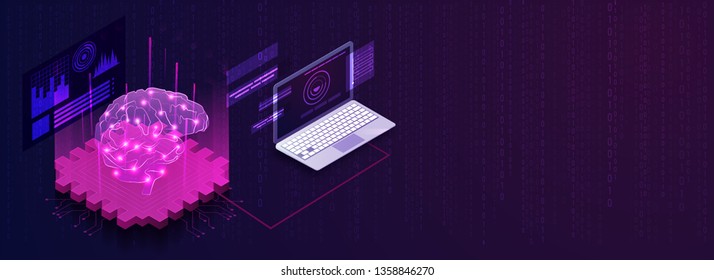 Künstliche Intelligenz reagieren Landing Page mit isometrischen Laptop und menschliches Gehirn zwischen leuchtenden digitalen Strahlen. 