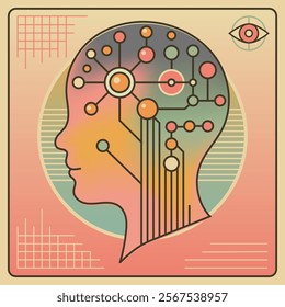 Artificial intelligence retrofuturistic illustration. Retro color palette