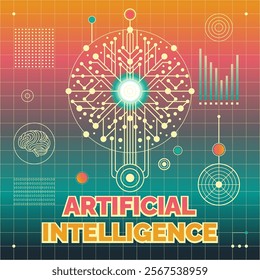 Artificial intelligence retrofuturistic illustration. Retro color palette