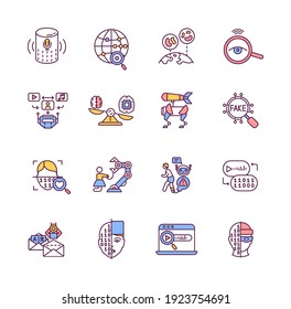 Artificial intelligence RGB color icons set. Virtual assistant with voice recognition. Digital diagnostic. Highly personalized software. AI technology. Isolated vector illustrations