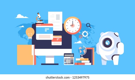 artificial intelligence robot analysis online computer education bot concept flat horizontal