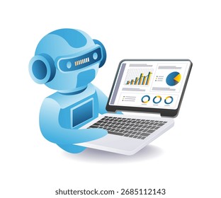 Roboter mit künstlicher Intelligenz, der die Wachstumskurve des Unternehmens auf einem Laptop analysiert