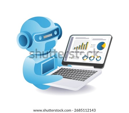 Artificial intelligence robot analyzing business growth graph on laptop