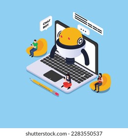 Artificial intelligence robot answer questions and generate smart refinement conversation on laptop and mobile phone isometric 3d vector