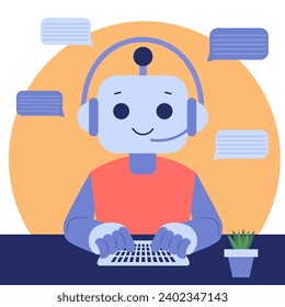 Un robot de inteligencia artificial responde preguntas y genera ideas. Ilustración plana vectorial.