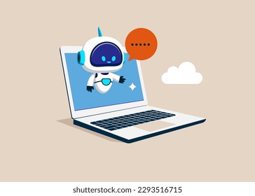 Artificial intelligence robot assistant. Online customer support. Chatbot on laptop screen. Modern vector illustration in flat style